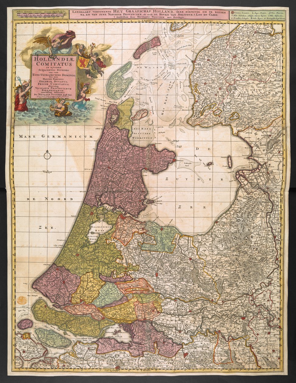 Karta över Holland, som visar bosättningar, kärr, skogar, kullar, vägar, floder och andra geografiska särdrag, ca 1710 (färgad gravyr) av Nicolaes the Elder Visscher