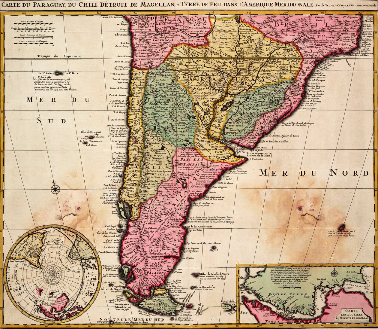 Karta över Paraguay, Chile, Magellans sund och Eldslandet i Sydamerika, ca 1720 (kolorerad gravyr) av Nicolaes the Younger Visscher