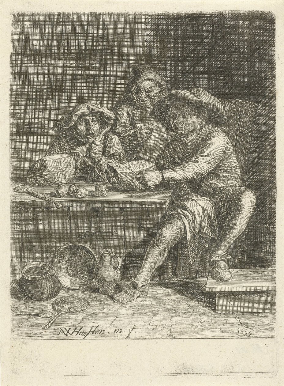 Bönder vid ett bord med bröd av Nicolaes van Haeften