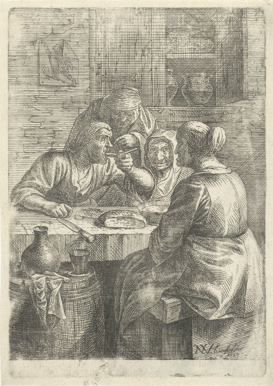 Tre gamla kvinnor äter vid ett bord av Nicolaes van Haeften