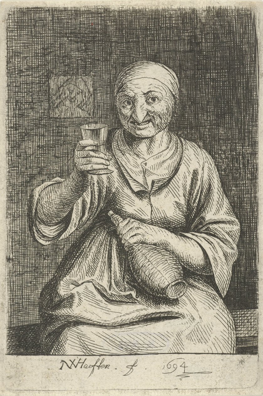Gammal kvinna med glas och kanna av Nicolaes van Haeften