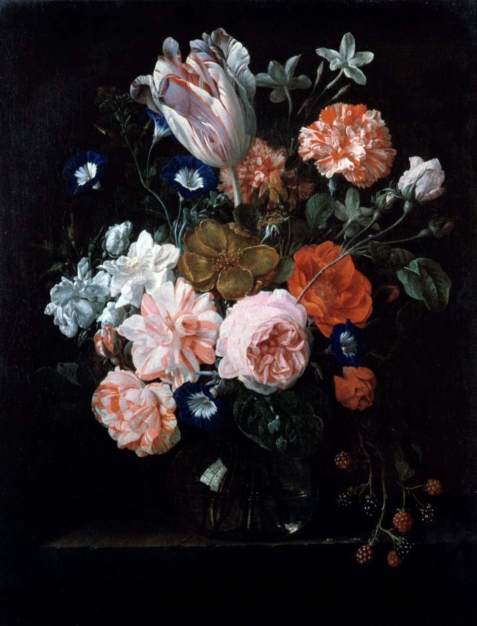 En tulpan, nejlikor och morgonhärlighet i en glasvas, 1600-talet. av Nicolaes van Veerendael