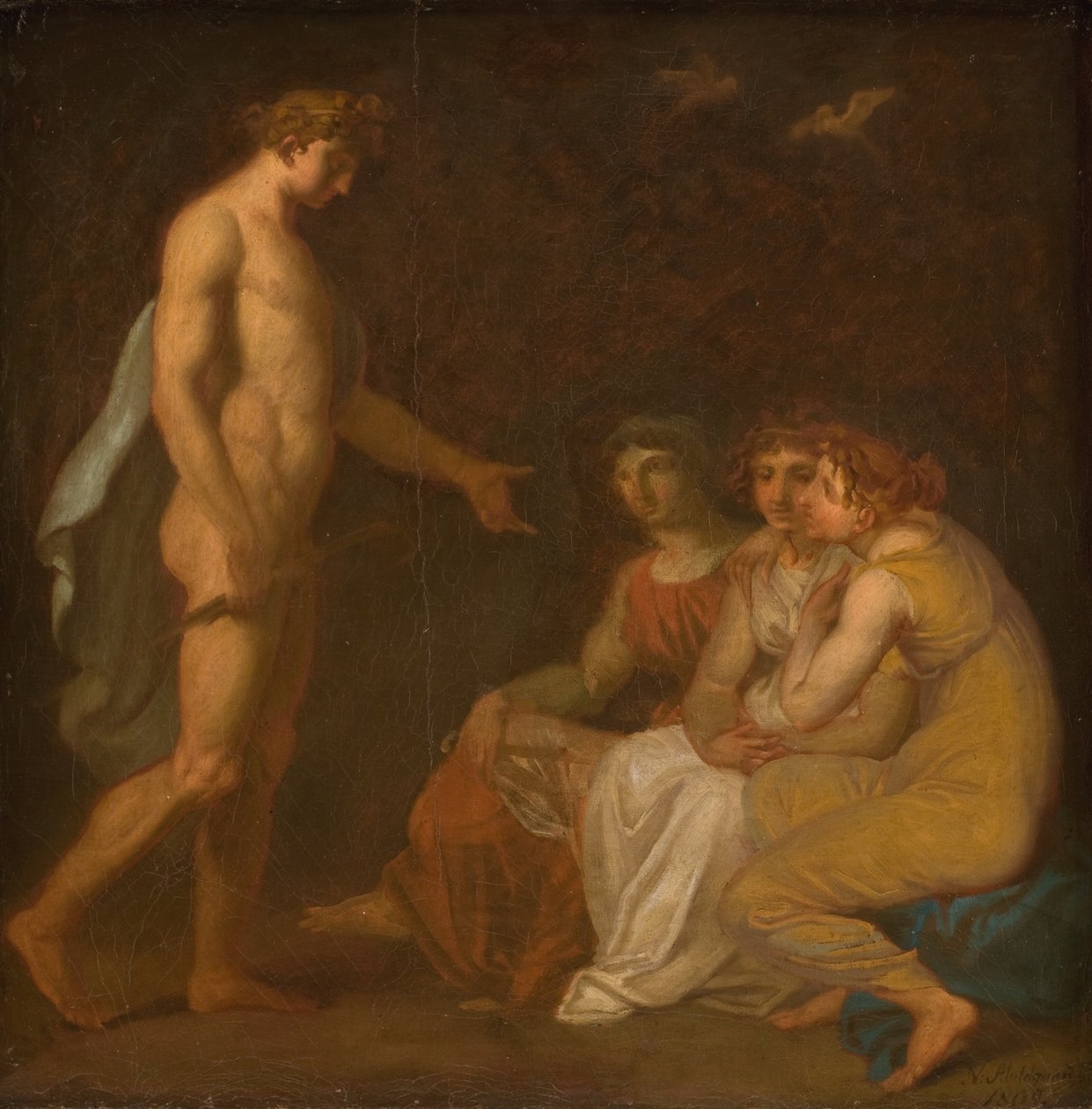 Apollo laddar Parcae för att besöka Ceres, som har flytt från jorden av Nicolai Abildgaard