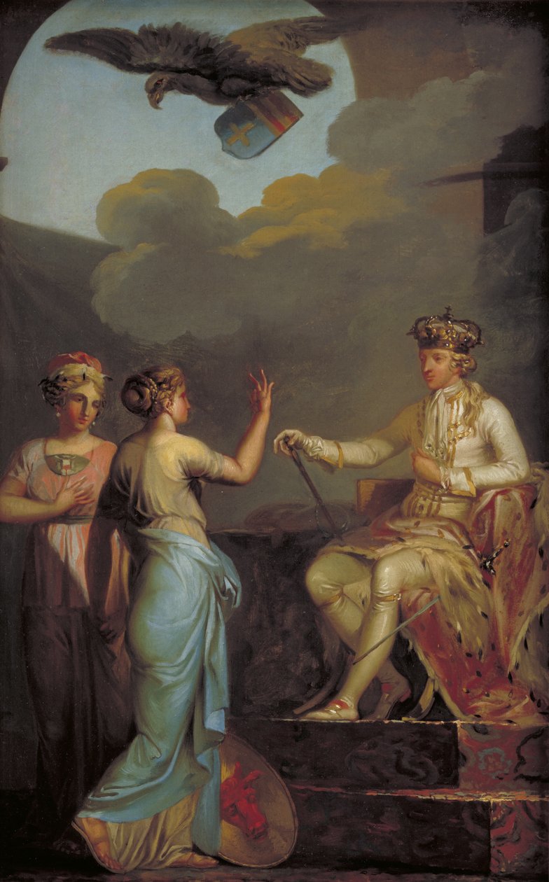 Christian VII förenade hertigen med den kungliga delen av Holstein 1773 av Nicolai Abildgaard