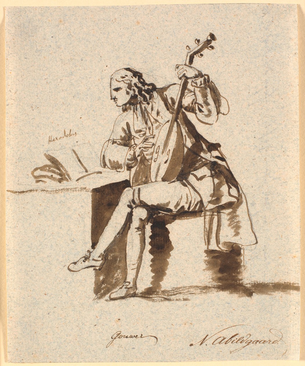 Den engelske poeten Gower satt med en luta vid ett bord som Herodotus ligger utspridda på av Nicolai Abildgaard