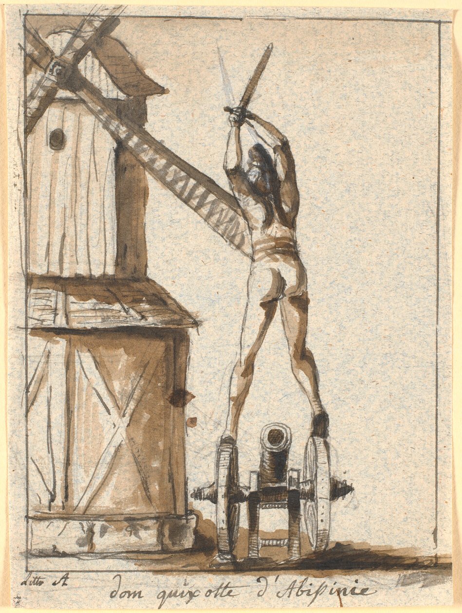 Don Quijote, stående på en kanon, med svärdet höjt mot ett kvarnblad av Nicolai Abildgaard