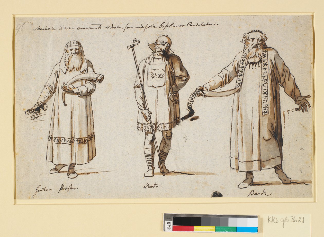 Kostymstudier. Förmodligen till teatern. Tre figurer, en präst i Herta, en drot och en bard av Nicolai Abildgaard