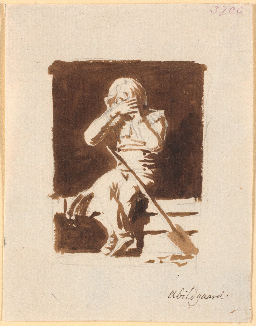 En liten gråtande pojke, som sitter med en spade eller en åra, på kanten av en båt (?) av Nicolai Abildgaard