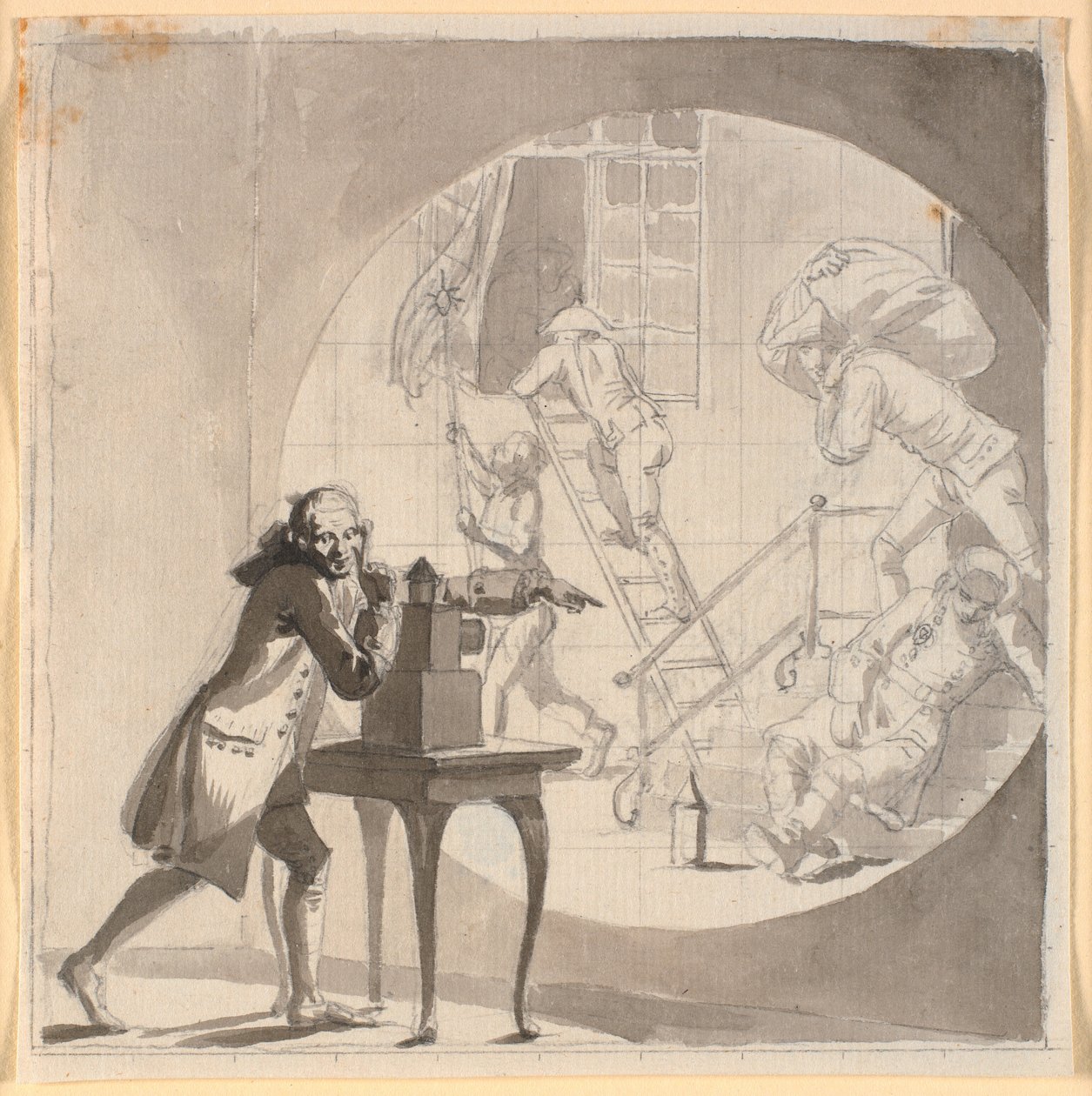 En man med en laterna magica visar en stöld som äger rum under näsan på den sovande vakten av Nicolai Abildgaard