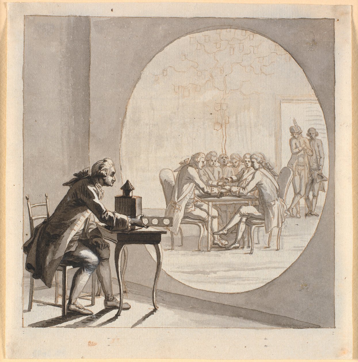 En man med en laterna magica visar en bild av Secret State Council av Nicolai Abildgaard