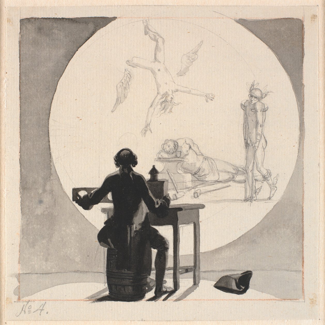 En man med en laterna magica visar en bild av handelns och hantverkets tillbakagång - den lame Merkurius, den sovande Vulcanen etc. av Nicolai Abildgaard