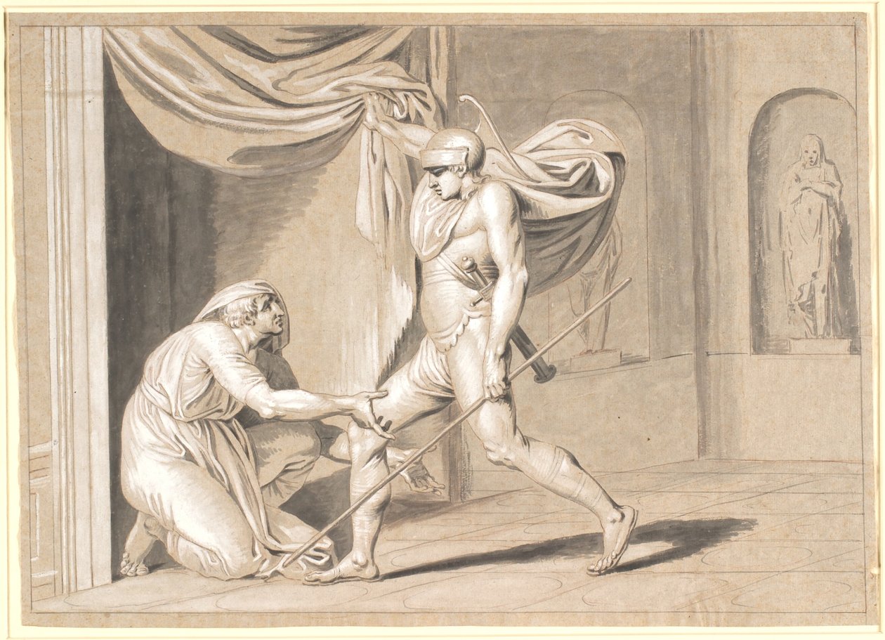 En soldat hittar Claudius, som fruktar att bli kejsare, gömd bakom en gardin av Nicolai Abildgaard