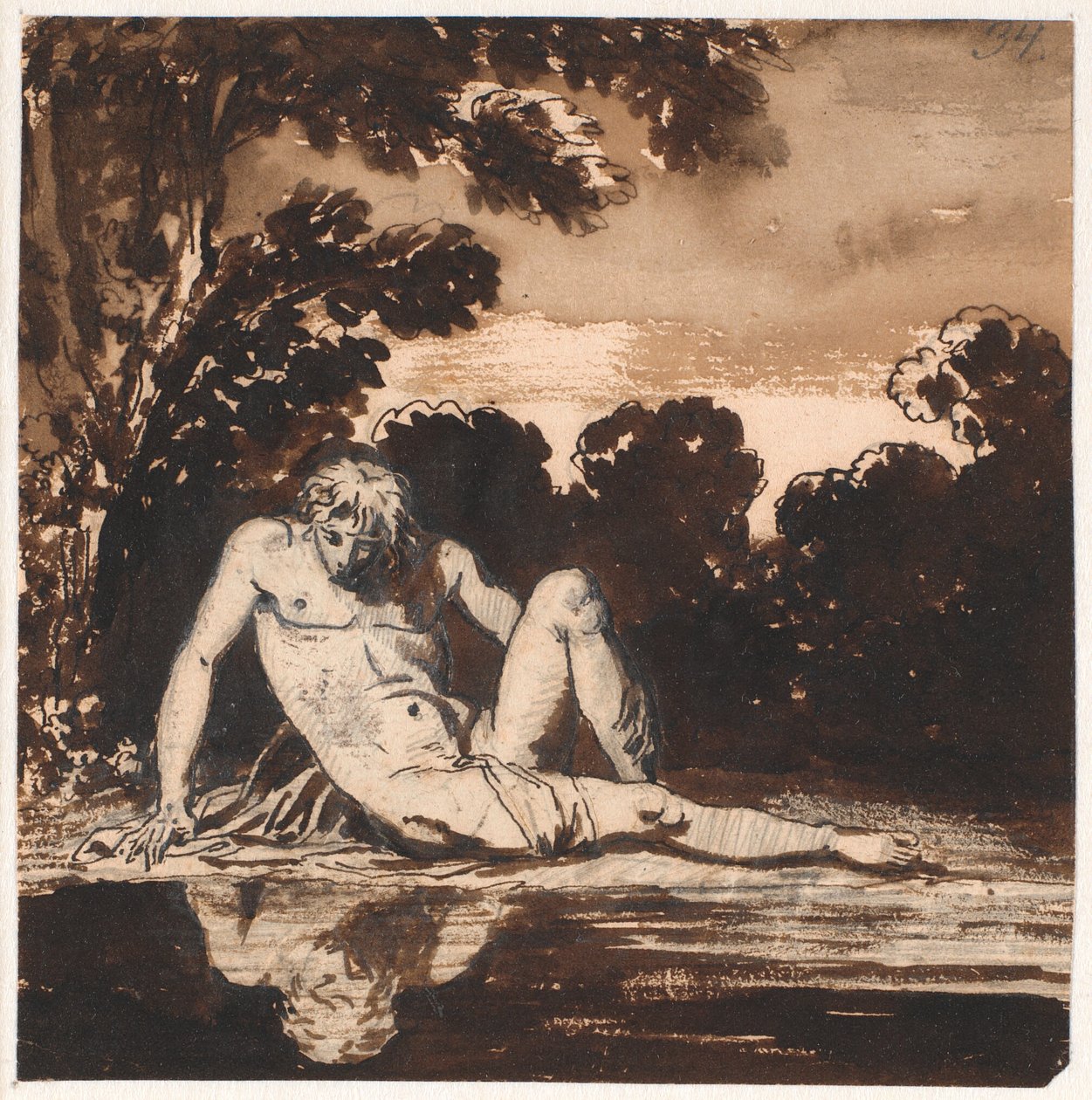 Hyachinthos, Apollos ungdom, Narcissus, vilar vid bäcken av Nicolai Abildgaard