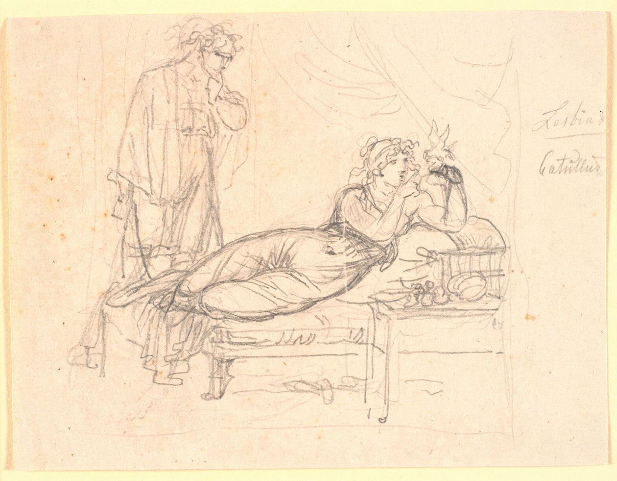 Lesbia och Catullus. Lesbia lutar sig tillbaka och håller en fågel på vänster hand. Catullus står bakom av Nicolai Abildgaard