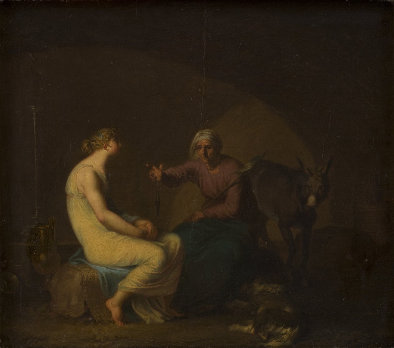 Rånargängets hushållerska tröstar den unga flickan genom att berätta myten om Amor och Psyche. Motiv från Apuleius: Den gyllene åsnan av Nicolai Abildgaard