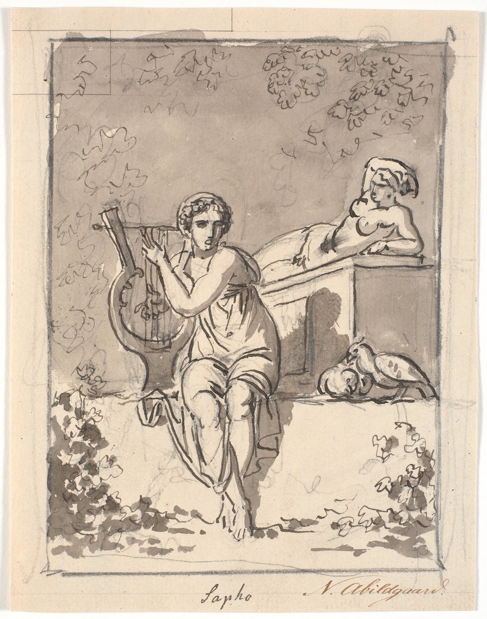 Sappho, sittande med sin lyra, i bakgrunden vilar en hermafrodit av Nicolai Abildgaard
