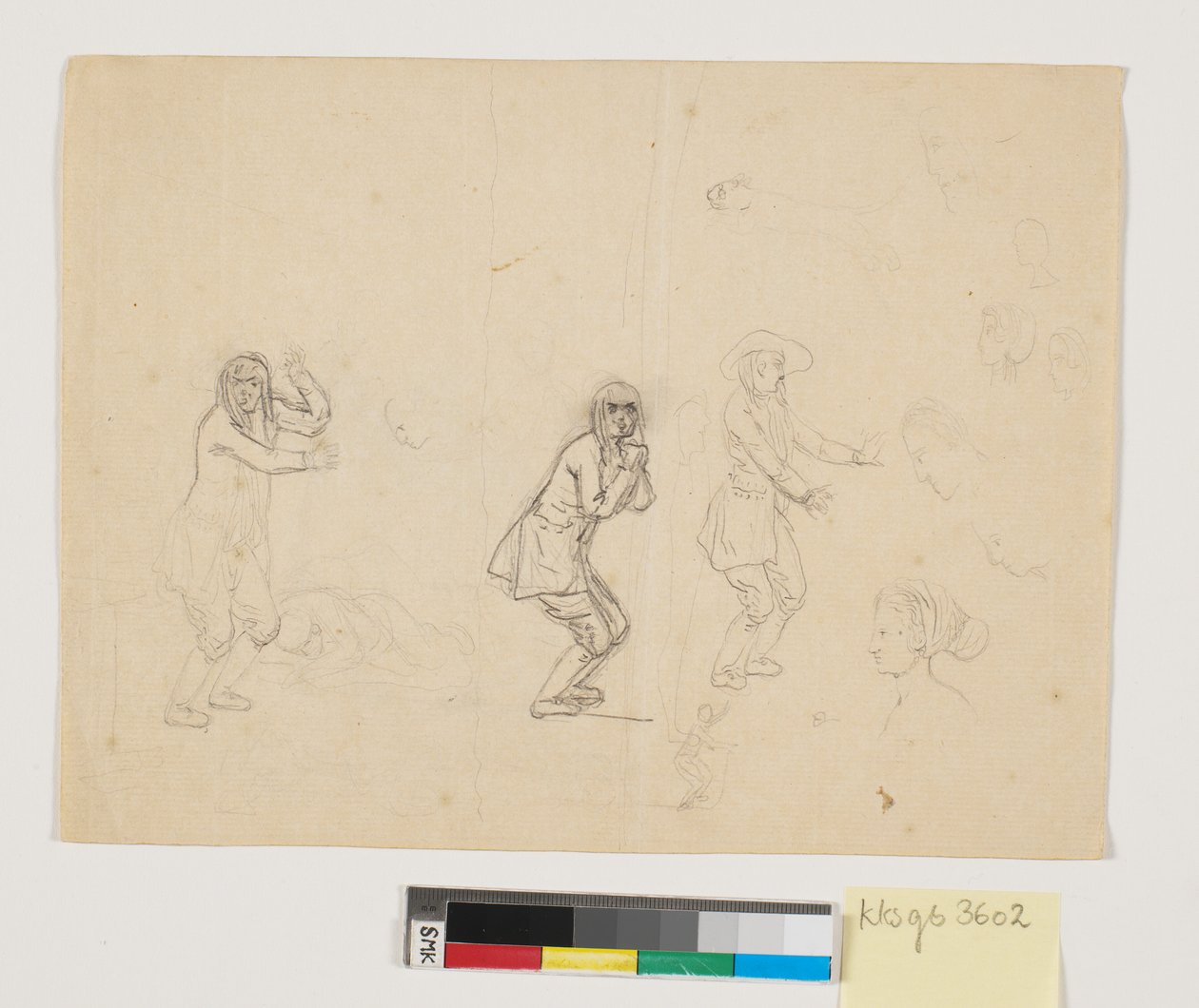 Studier av huvuden och figurer, bl.a. en mansfigur återgiven tre gånger av Nicolai Abildgaard