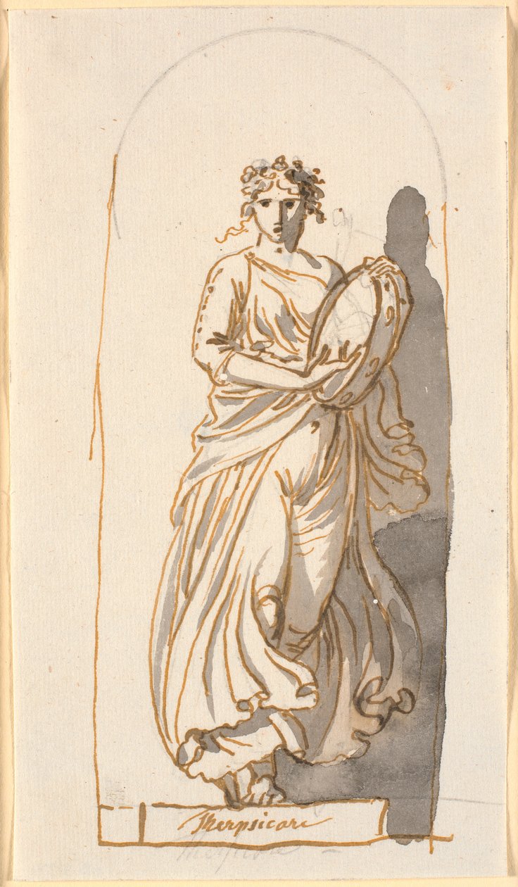 Terpsichore, dansens mus, som en staty i en nisch av Nicolai Abildgaard