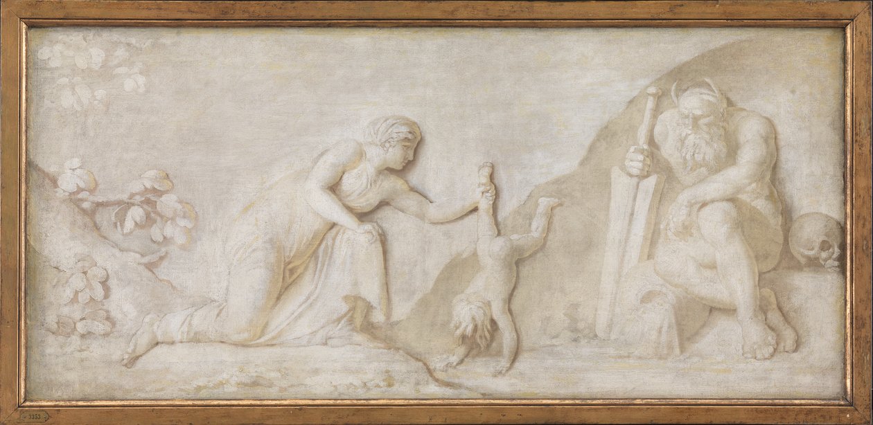 Thetis nedsänker sin spädbarnsson Achilles i floden Styx för att göra honom osårbar av Nicolai Abildgaard
