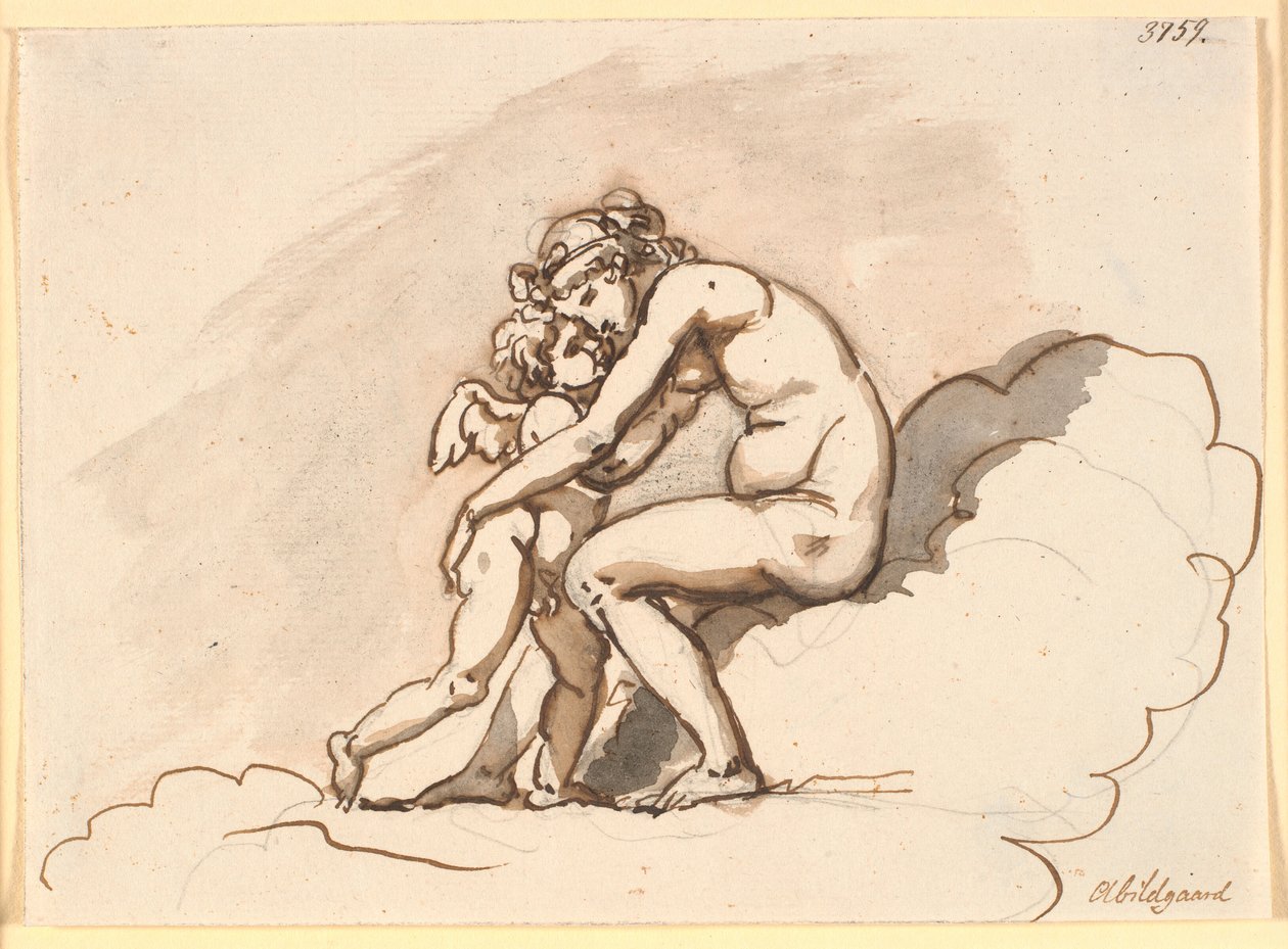Venus, som sitter i molnen, omfamnar Amor av Nicolai Abildgaard