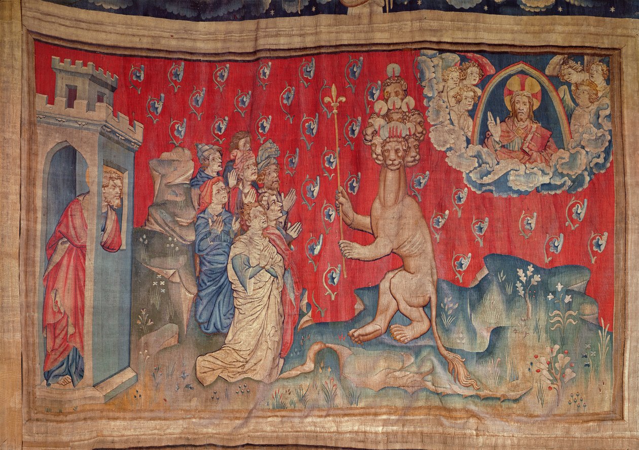 Adoration of the Beast, från Apocalypse Tapestry of Angers, 1373-87 (gobeläng) av Nicolas Bataille