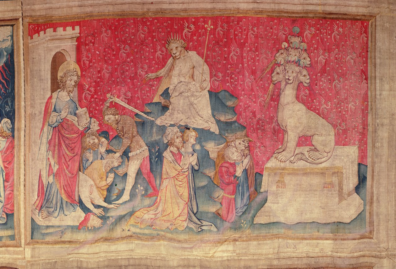 Tillbedjan av bilden av odjuret, från Apocalypse Tapestry of Angers, 1373-87 (gobeläng) av Nicolas Bataille