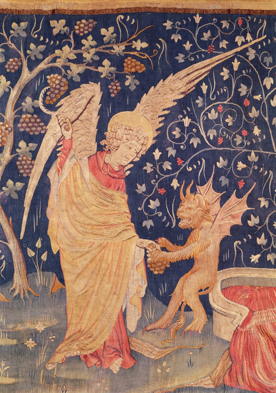 Ängel med en klase vindruvor och en demon, detalj från Apocalypse Tapestry of Angers, 1373-87 (gobeläng) av Nicolas Bataille