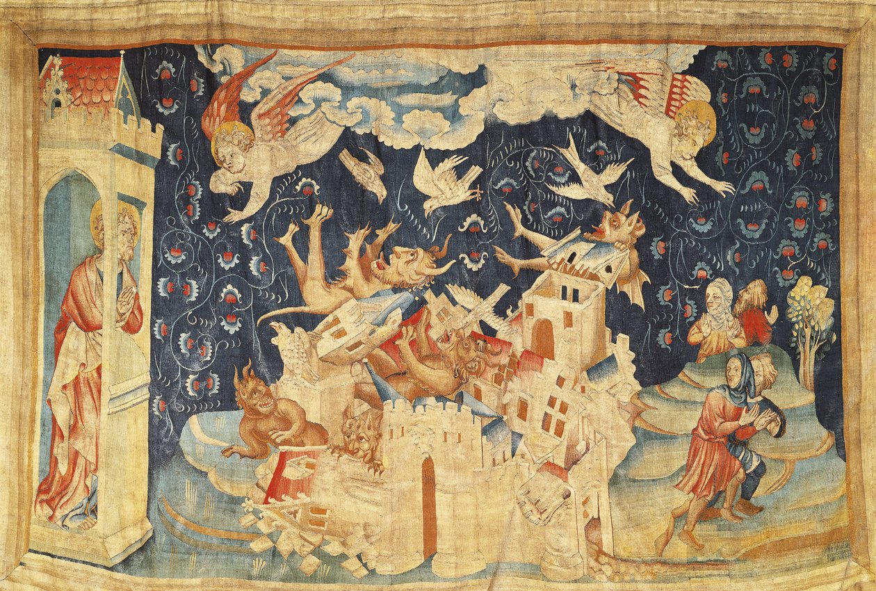 Babylon invaderat av demoner, nr 66 från Angers apokalyps, 1373-87 (gobeläng) av Nicolas Bataille