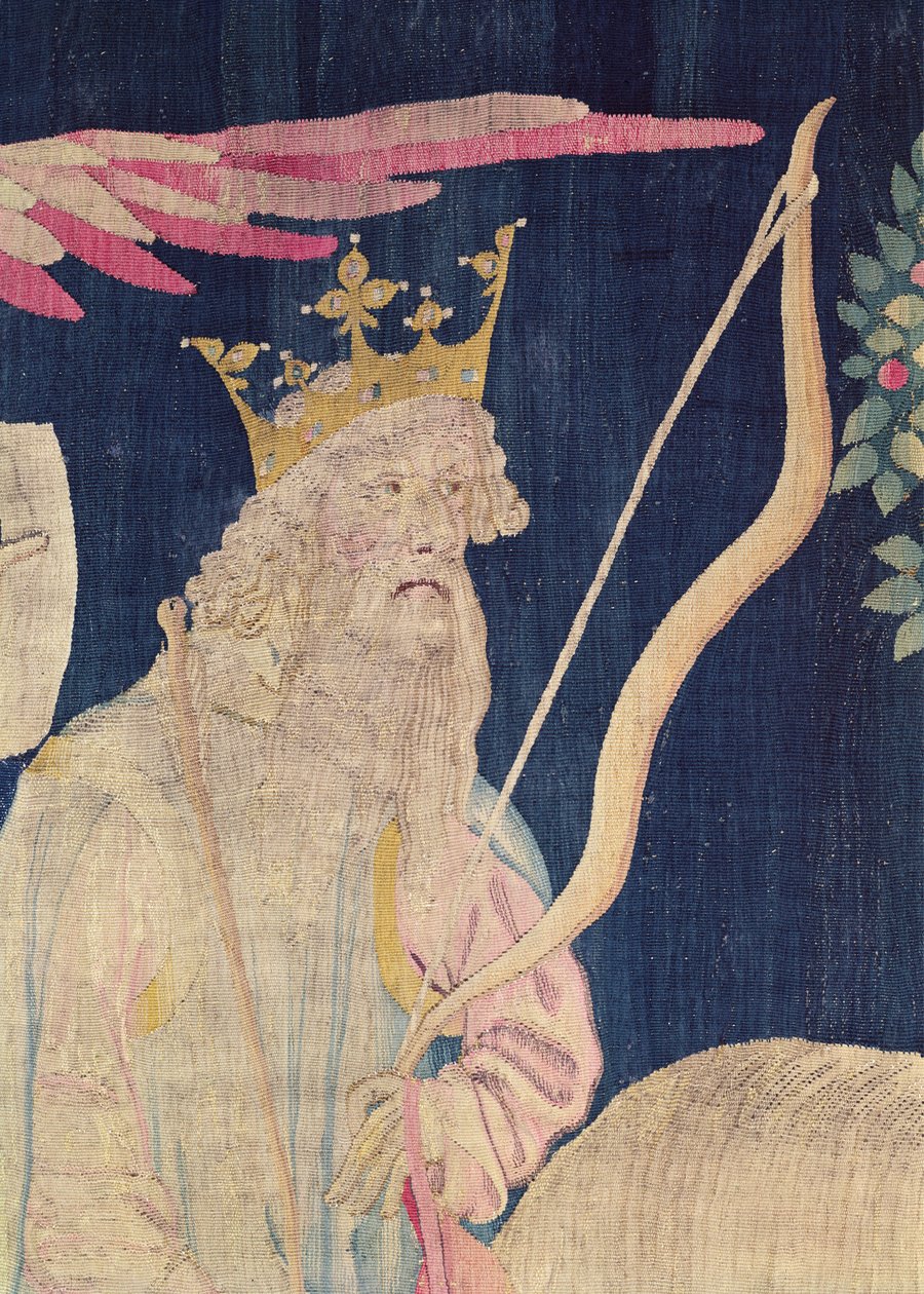 Detalj av ryttaren på den vita hästen, från Apocalypse Tapestry of Angers, 1373-1387 gobeläng av Nicolas Bataille