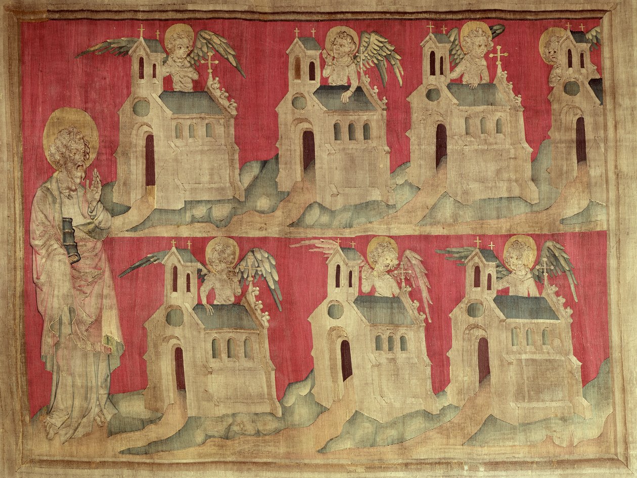 Johannes och Asiens sju kyrkor, nr 2 från Angers apokalyps, 1373-87 (gobeläng) av Nicolas Bataille