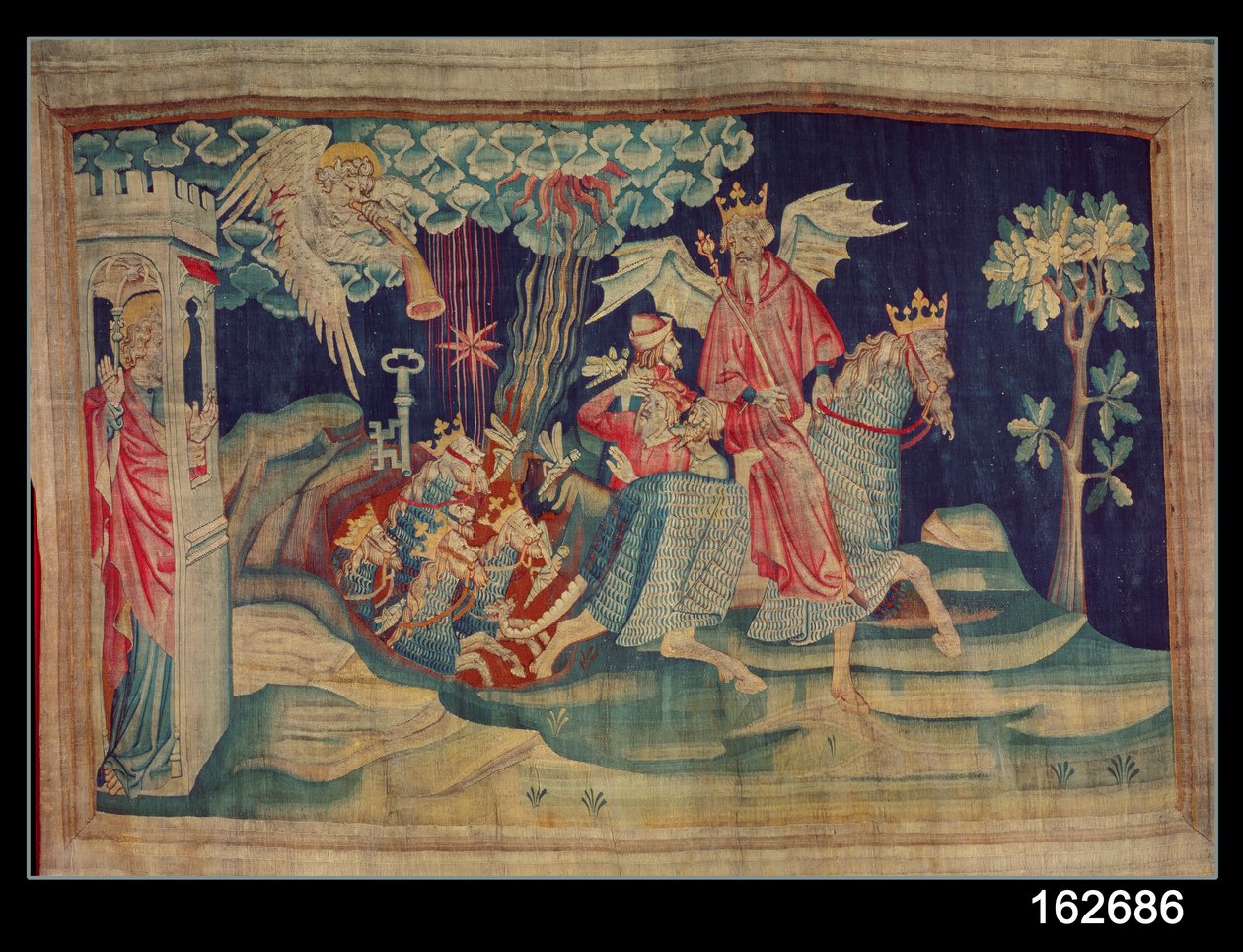 Den femte trumpeten och gräshopporna, nummer 24 från Angers apokalyps, 1373-87 (gobeläng) av Nicolas Bataille
