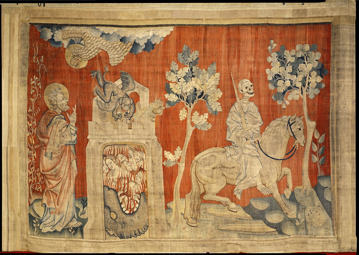 Öppnandet av det fjärde inseglet, föreställande döden ridande på den bleka hästen, nr 12 från "Apokalypsen från Angers", 1373-87 (gobeläng) av Nicolas Bataille