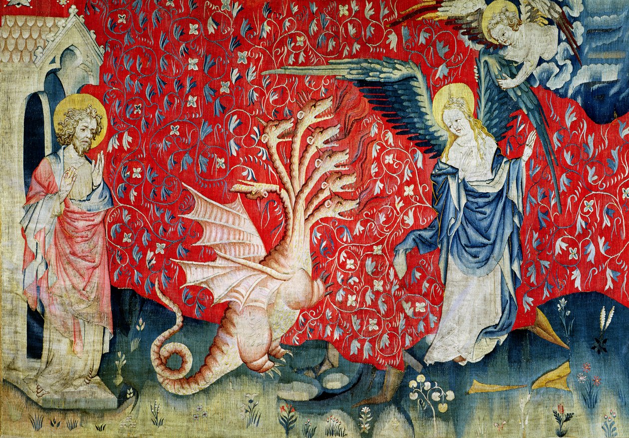 Kvinnan som får vingar för att fly från draken, nr 37 från "Apokalypsen i Angers", 1373-87 (gobeläng) av Nicolas Bataille