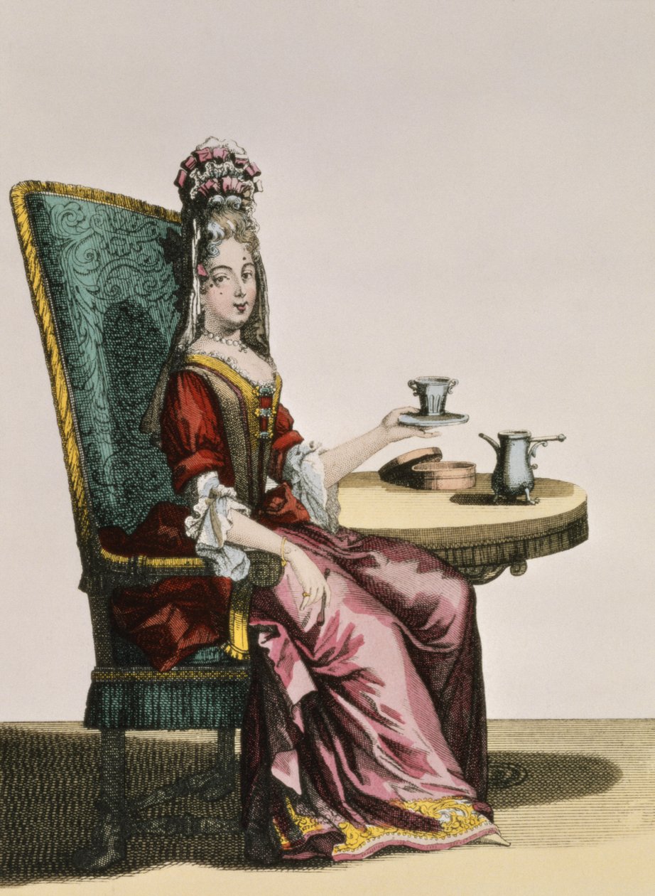 En dam som dricker kaffe, modeplatta, ca 1695 av Nicolas Bonnart