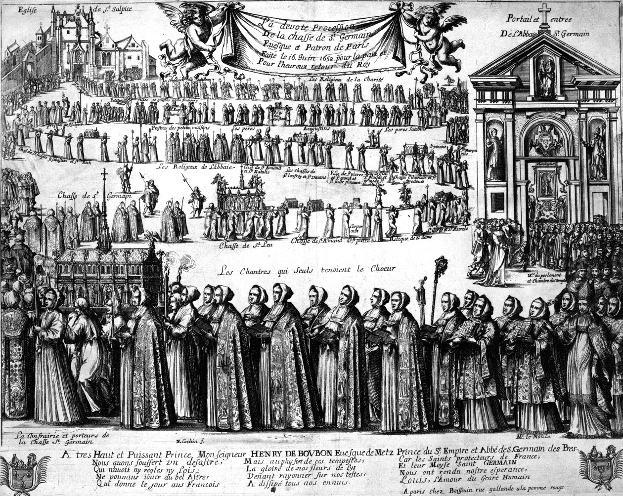 Procession av helgedomen St. Germain och andra från klostret Saint-Germain-des-Prés till kyrkan Saint-Sulpice, Paris, ca 1652 av Nicolas Cochin