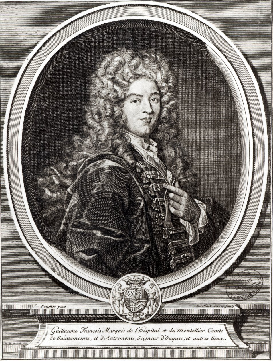 Porträtt av Guillaume de LHospital (1661-1704), graverad av Gerard Edelinck (1640-1707) (bw foto) av Nicolas Foucher
