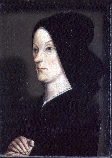 Matheron-diptyken: porträtt av Jeanne de Laval (d.1498) andra hustru till René I den gode (1409-80) högra panelen (se även 94914) av Nicolas Froment