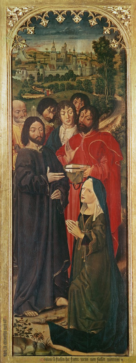 Lazarus uppståndelse Triptyk, vänster panel med Martha som knäböjer inför Kristus, 1461 av Nicolas Froment