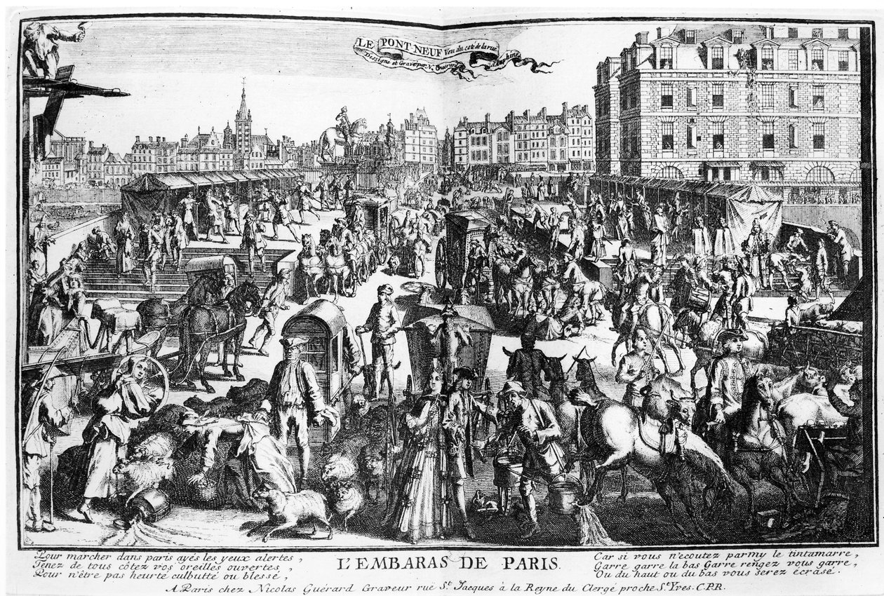 Trängseln i Paris, Pont Neuf från Rue Dauphine av Nicolas Guerard