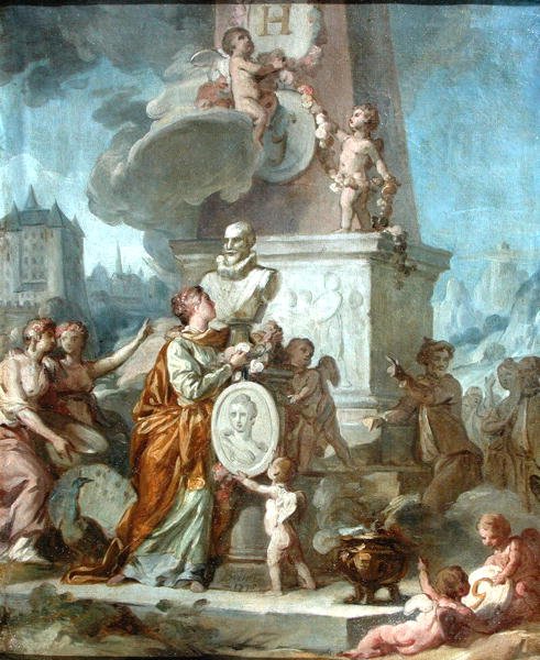 Allegorisk scen kring bysten av Henri IV (1553-1610) Frankrikes kung och porträttmedaljongen av Comtesse de Gramont, 1776 av Nicolas Guy Brenet