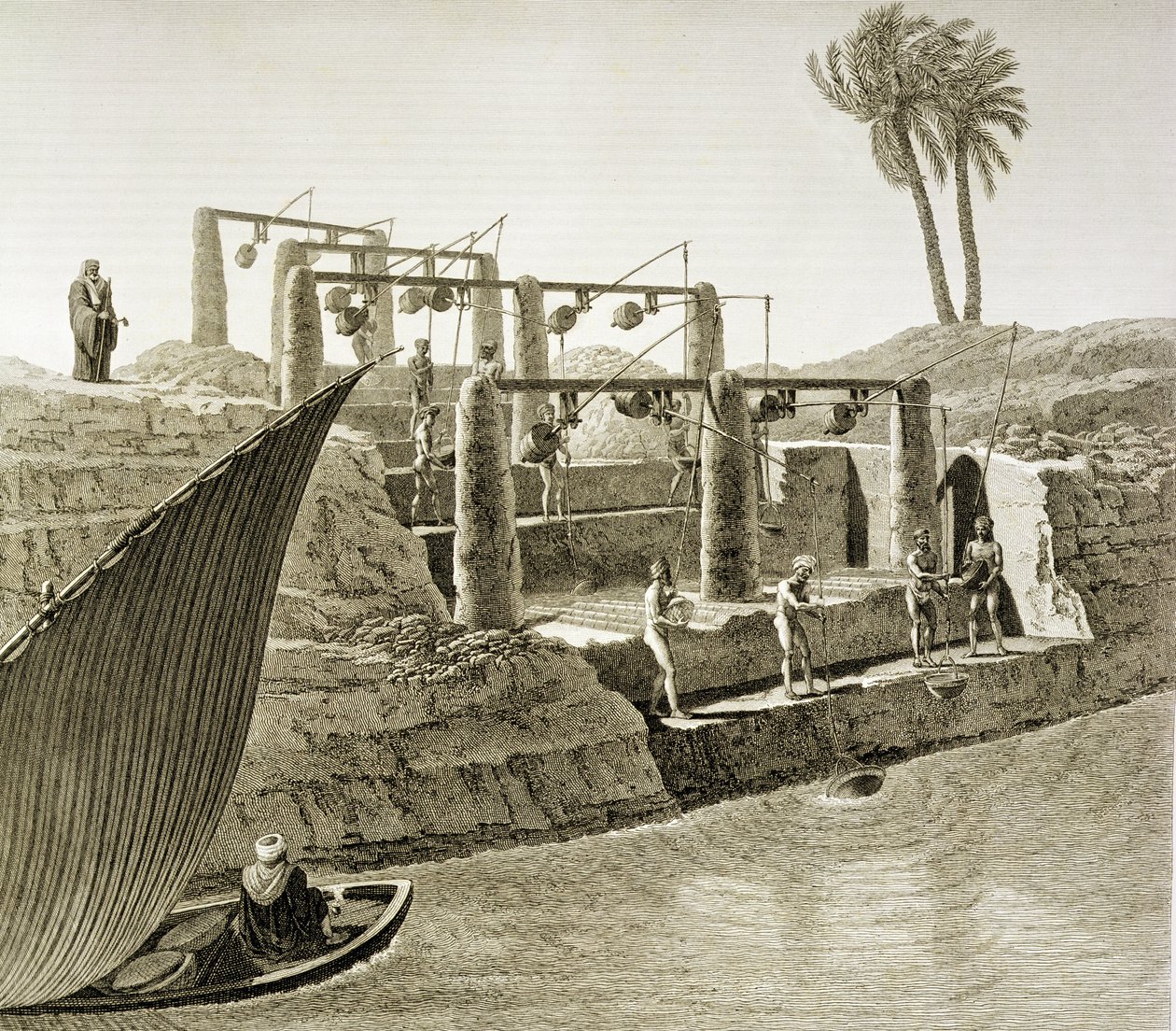 Samla vatten från Nilen, tallrik 6 från Volym II Arts and Trades av "Description of Egypt", pub. under order av Napoleon, 1822 av Nicolas Jacques Conte