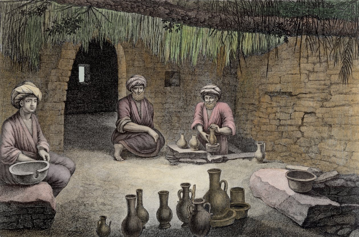 Interiör i en keramikverkstad, från volym II Arts and Trades i "Description of Egypt", graverad av C.F. Letellier, publicerad på order av Napoleon, 1822 (senare färgsättning). av Nicolas Jacques Conte