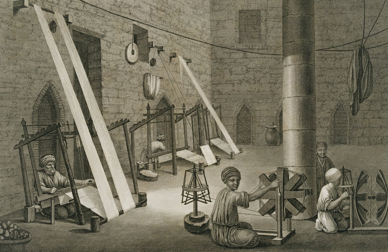 Interiör i en väververkstad, från volym II Arts and Trades i "Description of Egypt", graverad av Schroeder och E. Voysard, publicerad på order av Napoleon, 1822 (se även 267695). av Nicolas Jacques Conte