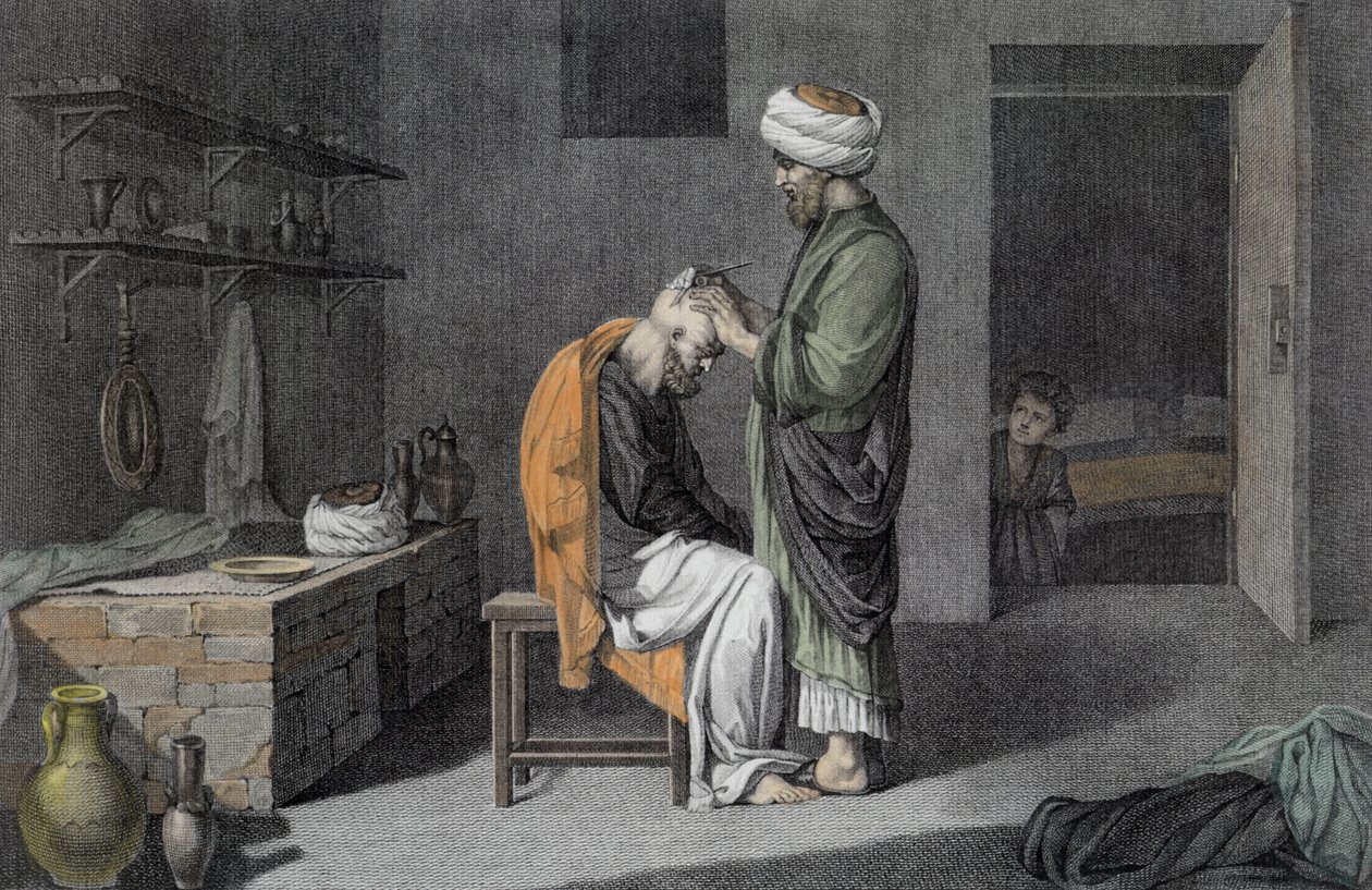 Frisören, från Volym II Arts and Trades av "Beskrivning av Egypten", graverad av Etienne Frederic Lignon (1779-1833) pub. under order av Napoleon, 1822 (senare färgläggning) av Nicolas Jacques Conte