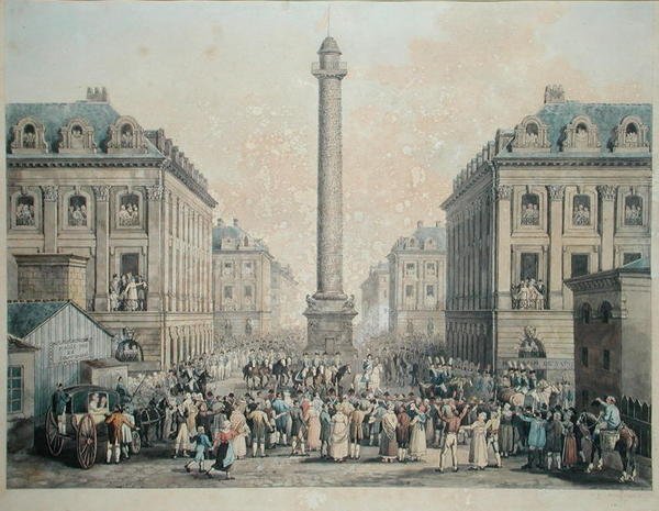 Charles-Ferdinand de France (1778-1820) Duc de Berry återvänder till Tuilerierna genom Place Vendome, 1814 (penna & bläck och wc på papper) av Nicolas Joseph Vergnaux