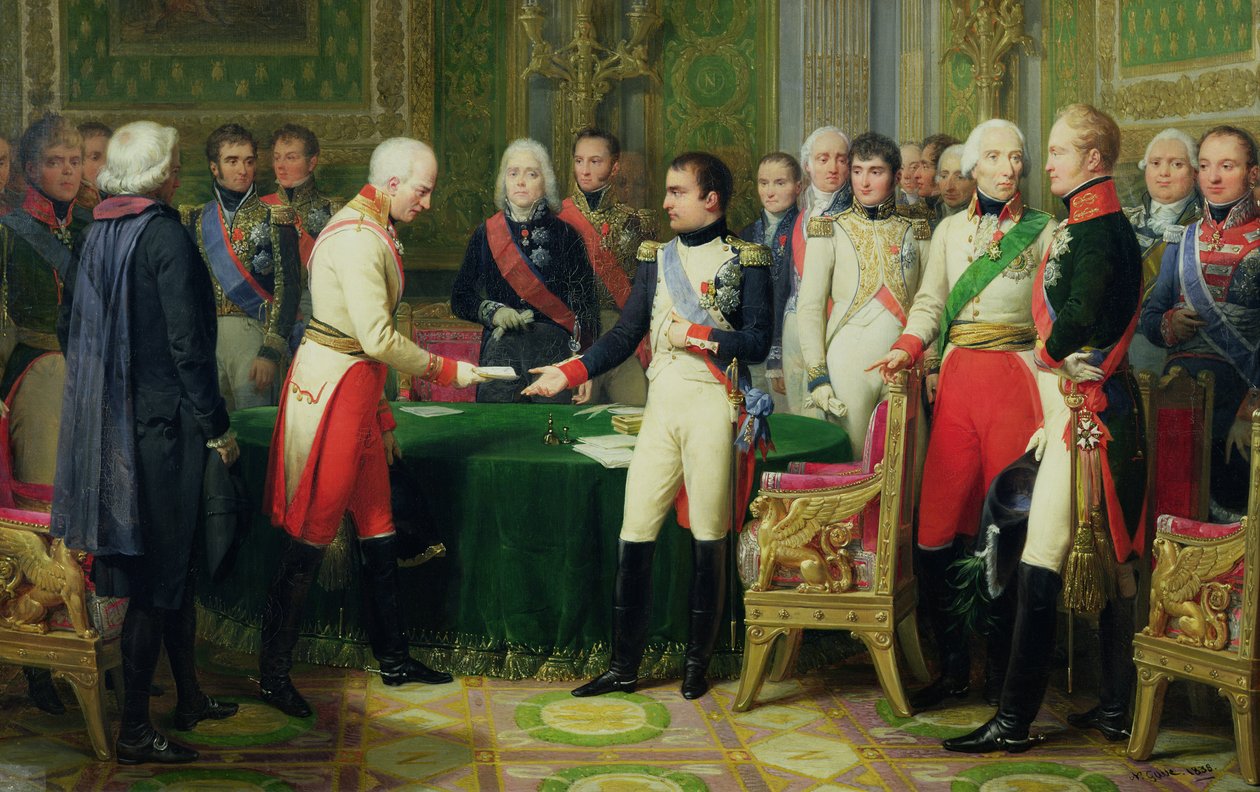 Napoleon I (1769-1821) tar emot den österrikiske ambassadören baron Vincent i Erfurt den 28 oktober 1808, 1838 av Nicolas Louis Francois Gosse