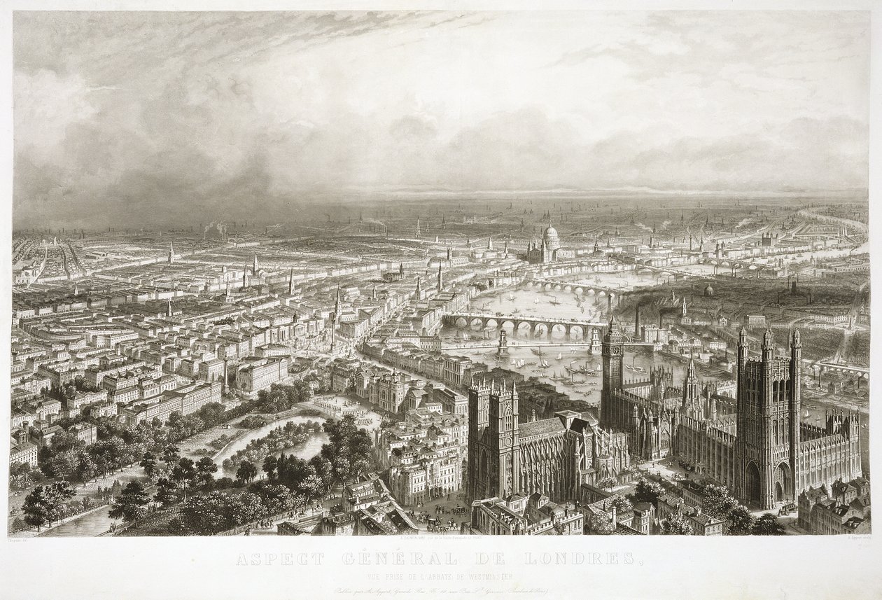 Fågelperspektiv över London från Westminster Abbey, graverad av A. Appert (se även 46631) av Nicolas Marie Joseph Chapuy