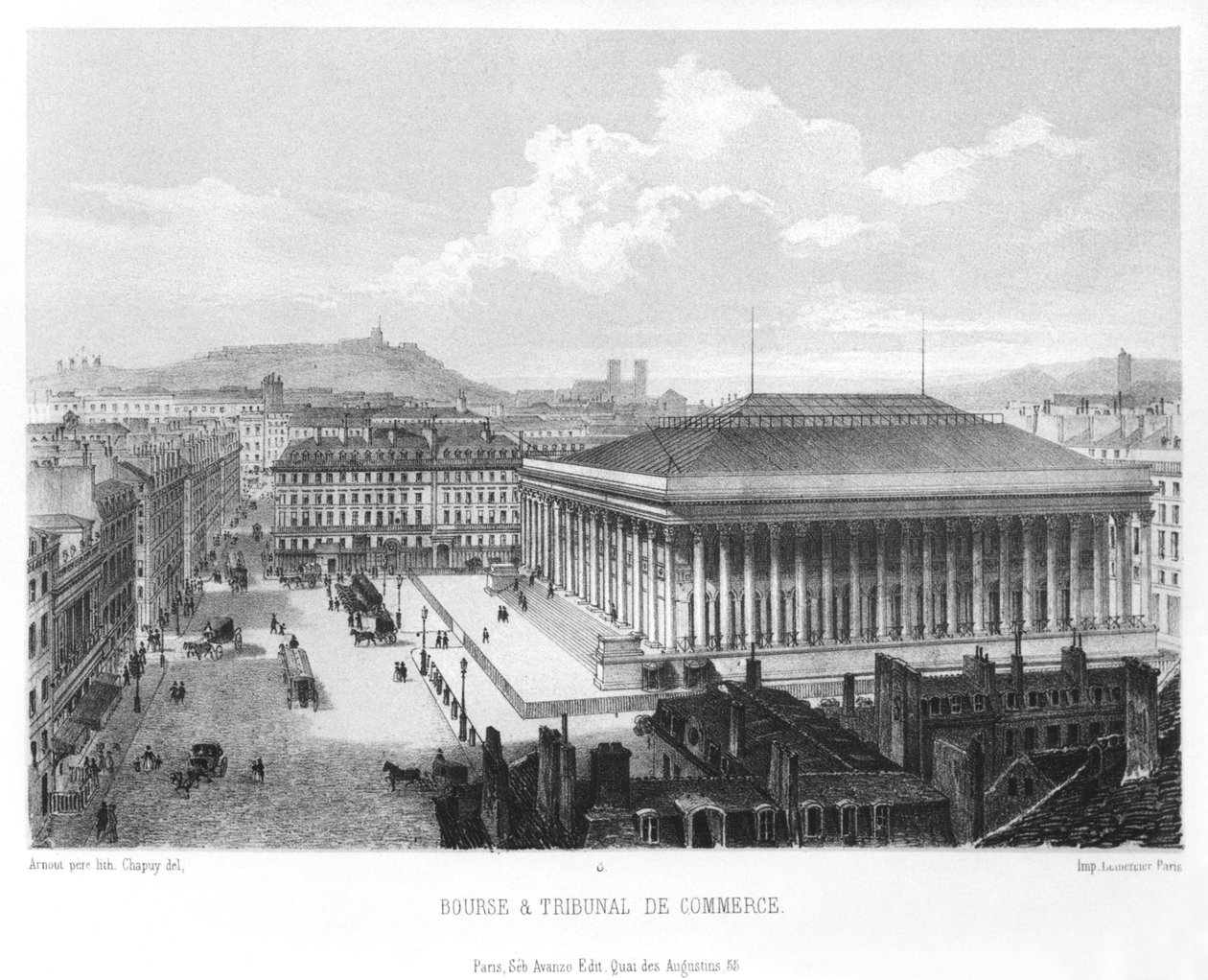 Bourse and the Commercial Court, Paris, graverad av Jean Baptiste Arnout (f.1788) c.1840 av Nicolas Marie Joseph Chapuy