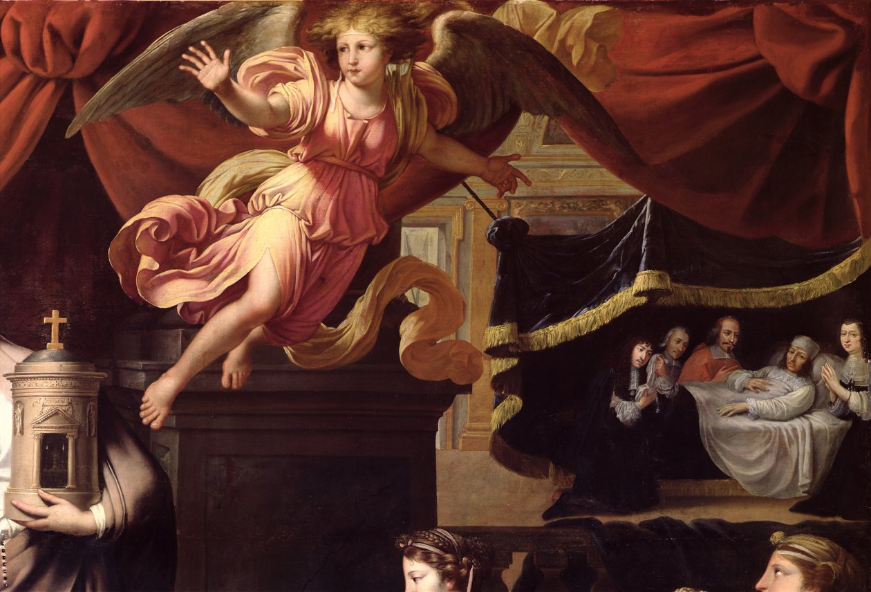 Ex-voto till Ludvig XIV:s sjukdom (1638-1715) i Calais, juli 1658, detalj av en ängel och Ludvig i sin dödsbädd av Nicolas Mignard