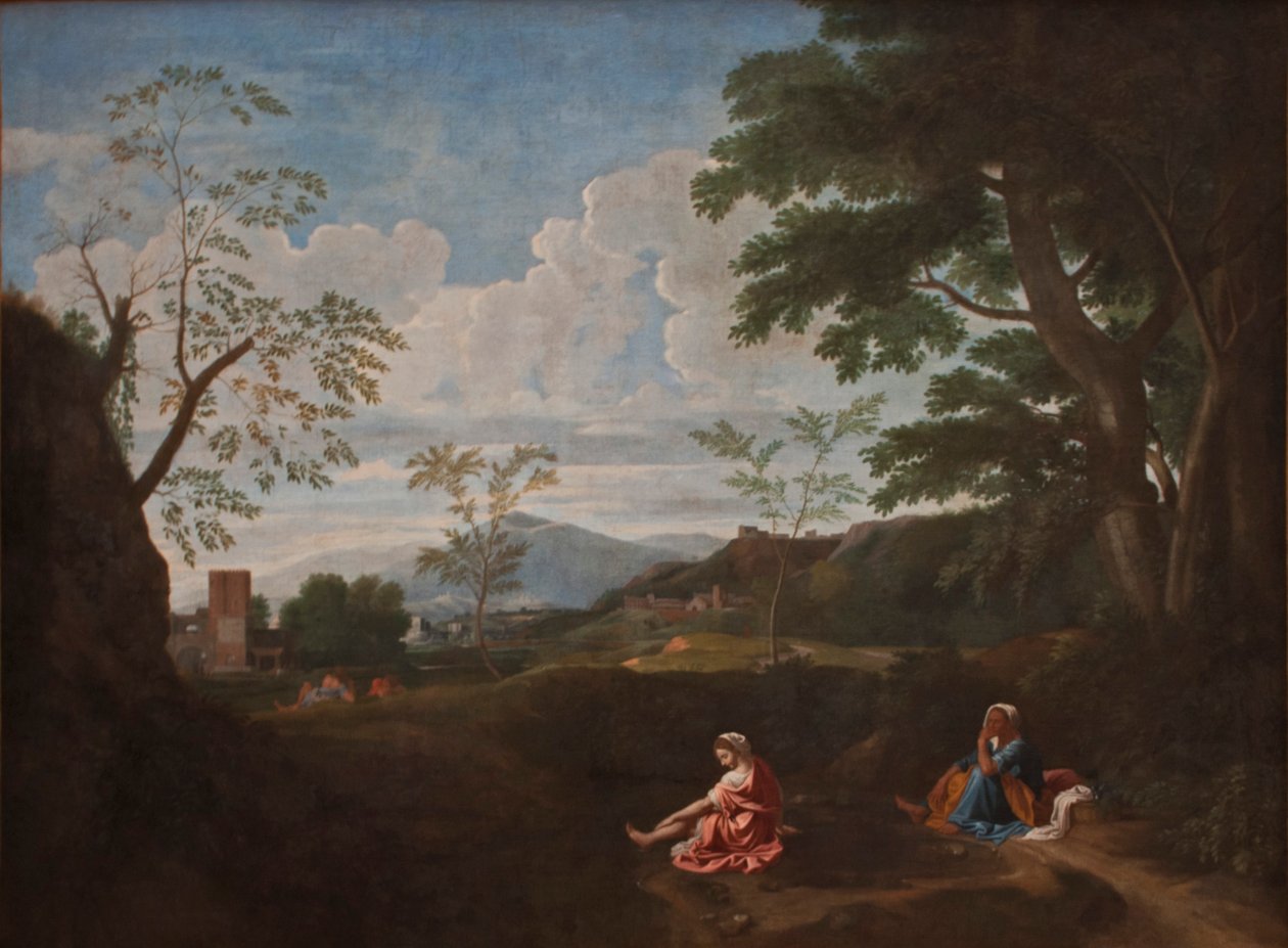  Landscape with a woman washing the feet av Nicolas Poussin